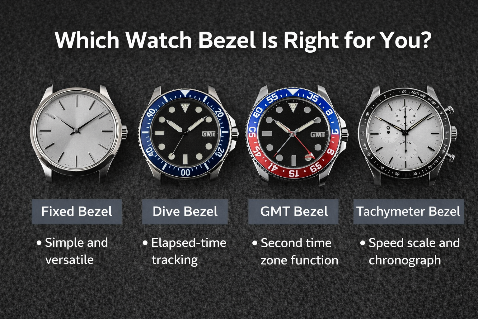 Simple comparison of fixed, dive, GMT, and tachymeter bezels to help choose the right watch bezel