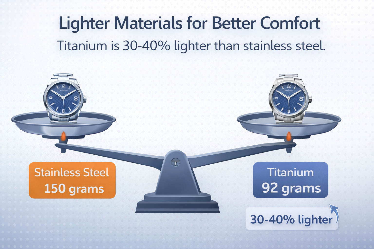 Infographic comparing titanium and stainless steel watch weight to show how lighter materials can improve comfort