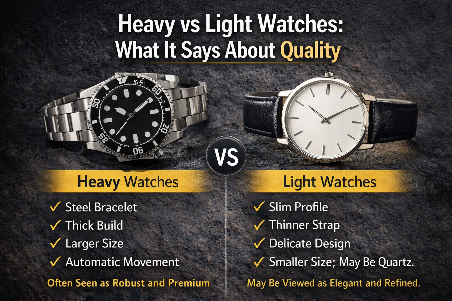 Comparison of heavy and light watches showing why weight alone does not define premium quality