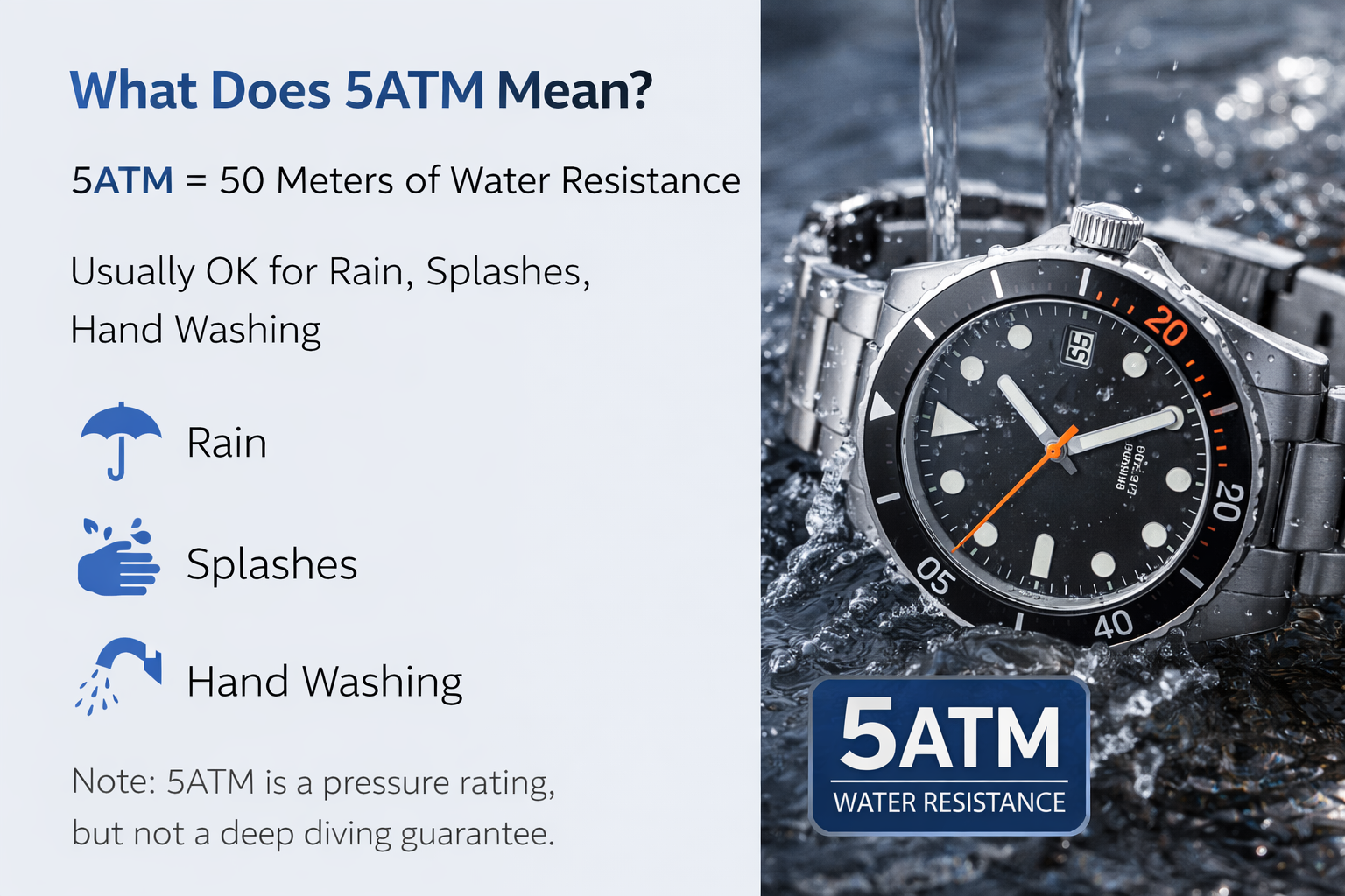 Explanation of what 5ATM water resistance means on a watch for rain, splashes, and hand washing