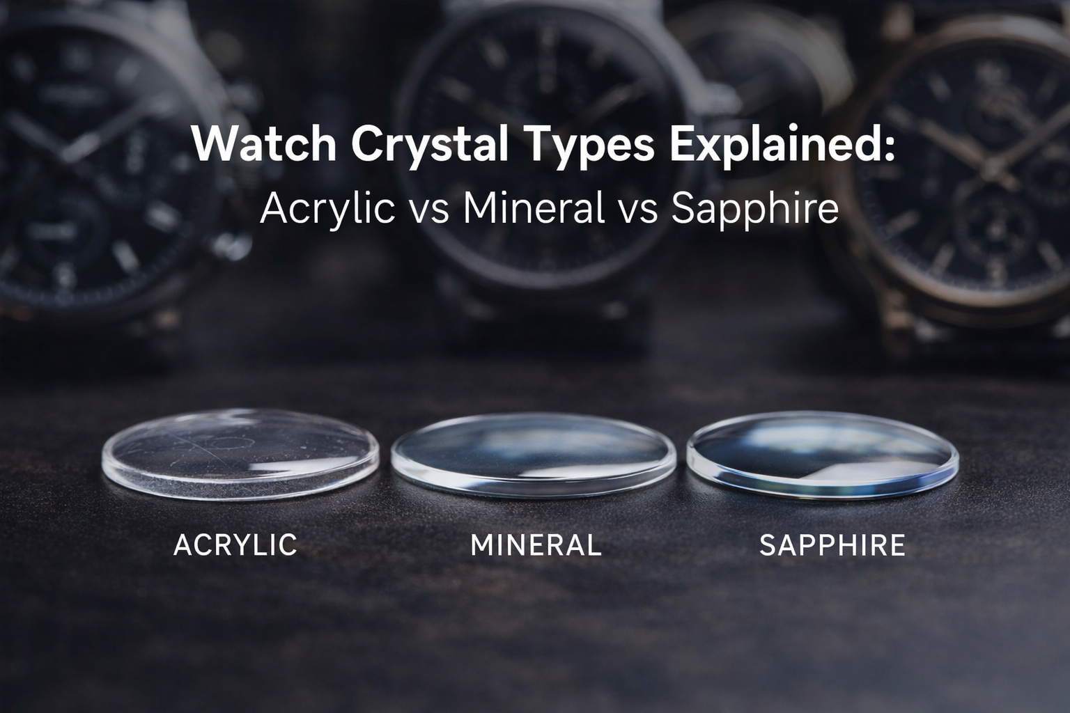 Close-up comparison of acrylic, mineral glass, and sapphire watch crystals side by side