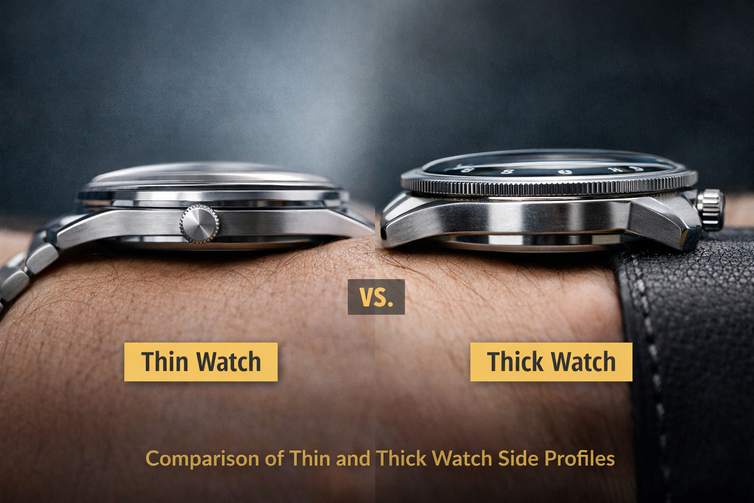 Comparison of thin and thick watch side profiles showing different wrist presence