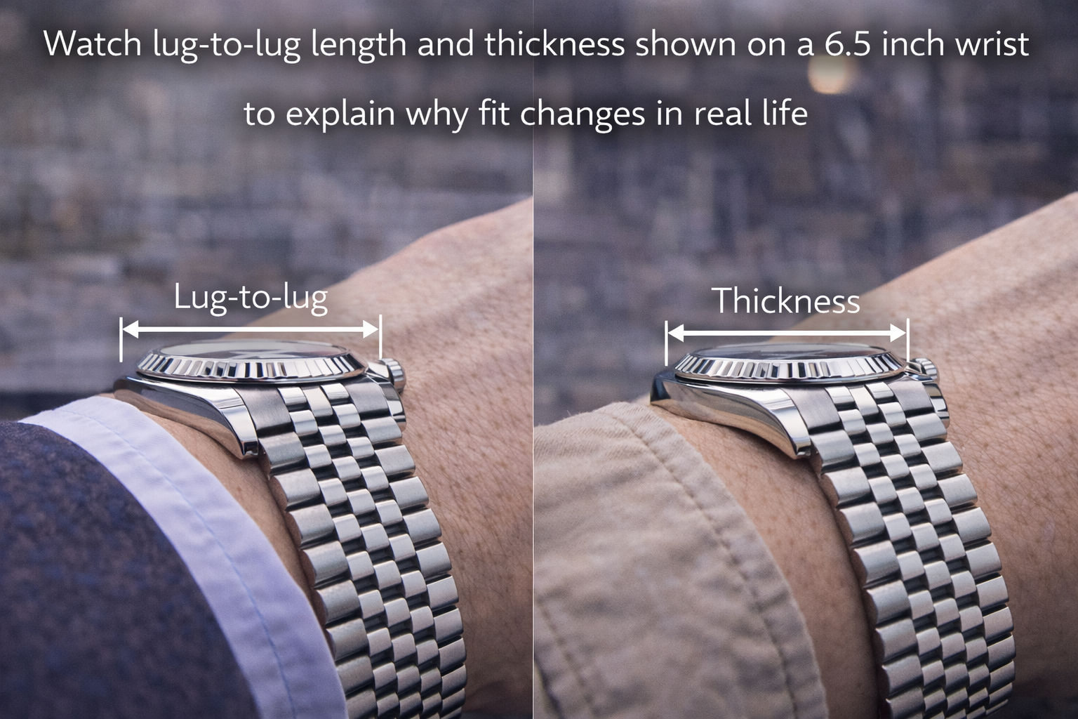 Watch lug-to-lug length and thickness shown on a 6.5 inch wrist to explain why fit changes in real life
