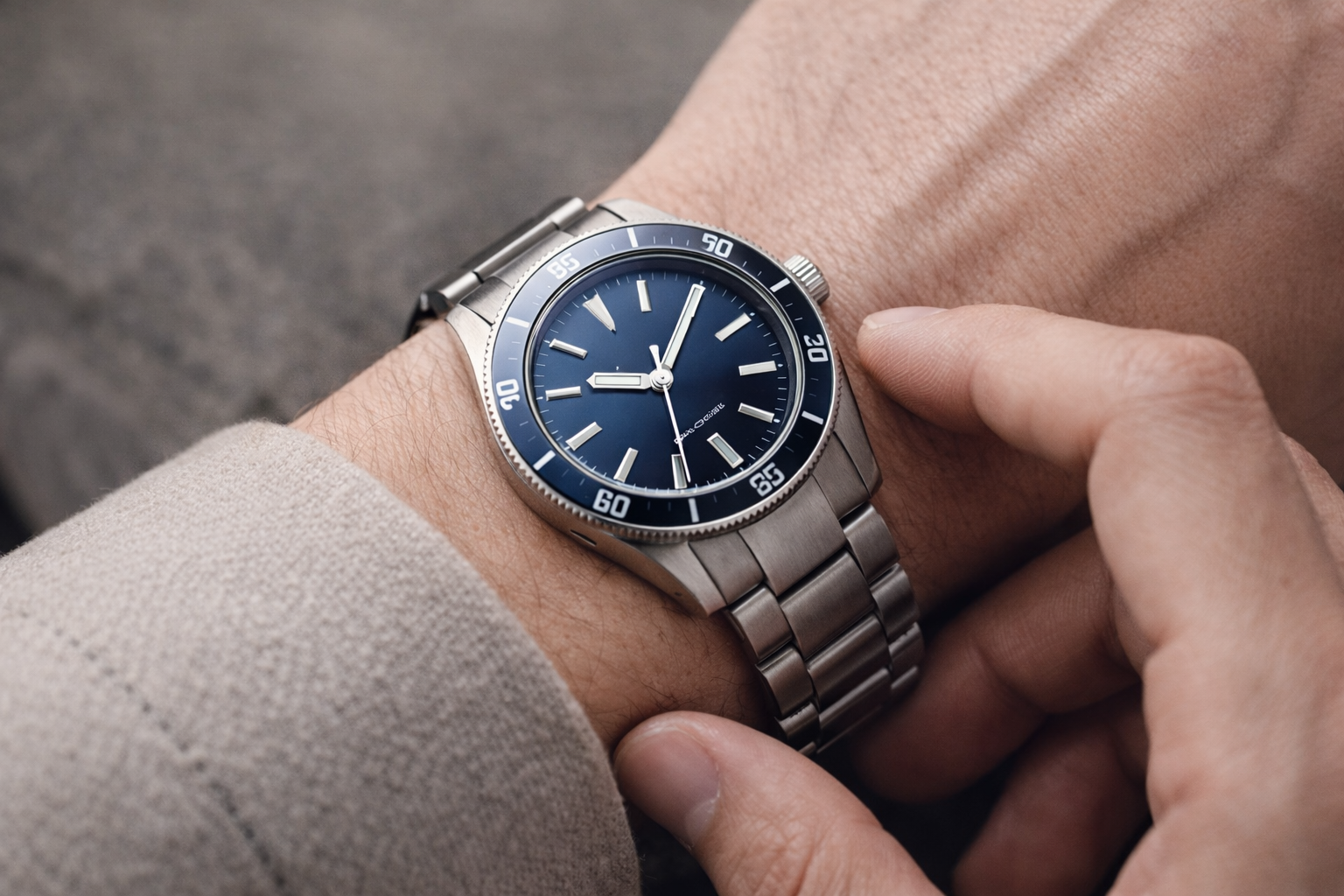 Close-up of a person wearing a stainless steel watch daily on the wrist