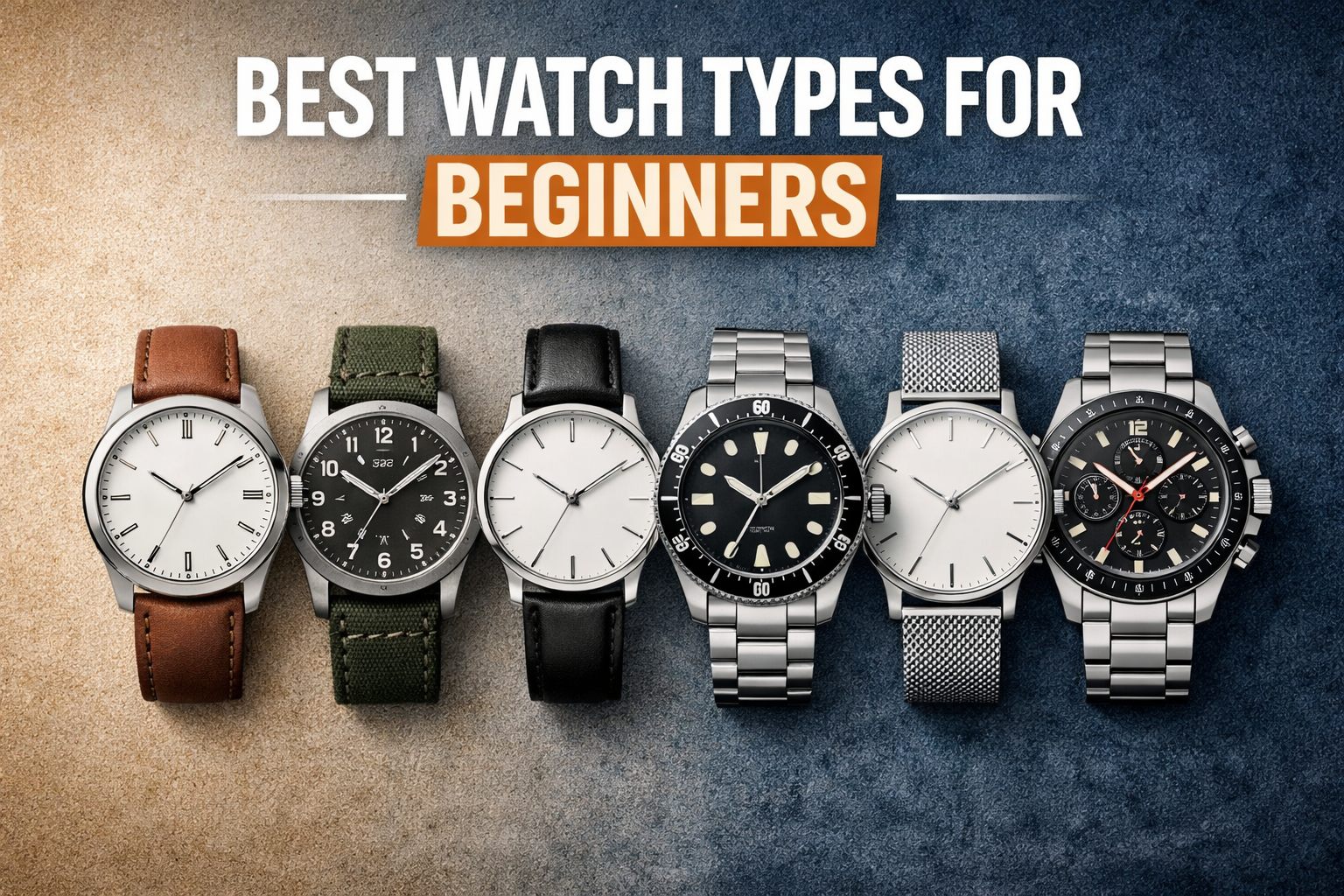Best watch types for beginners including everyday, field, dress-casual, dive-style, minimalist, and chronograph watches