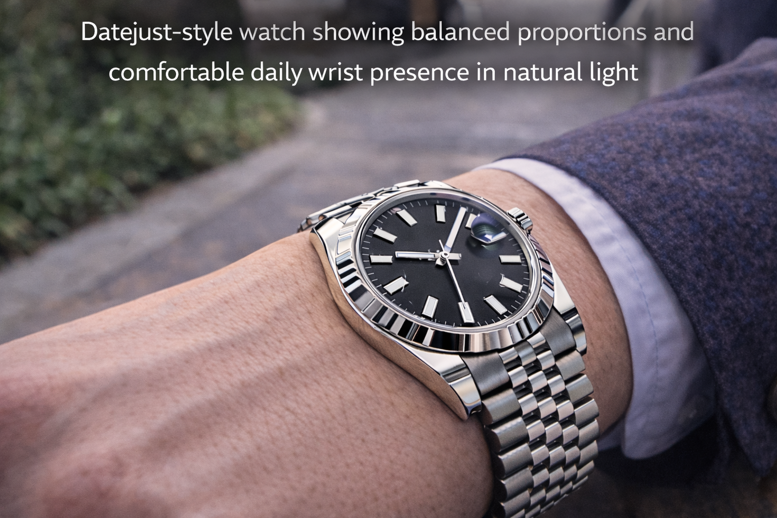 Datejust-style watch showing balanced proportions and comfortable daily wrist presence in natural light