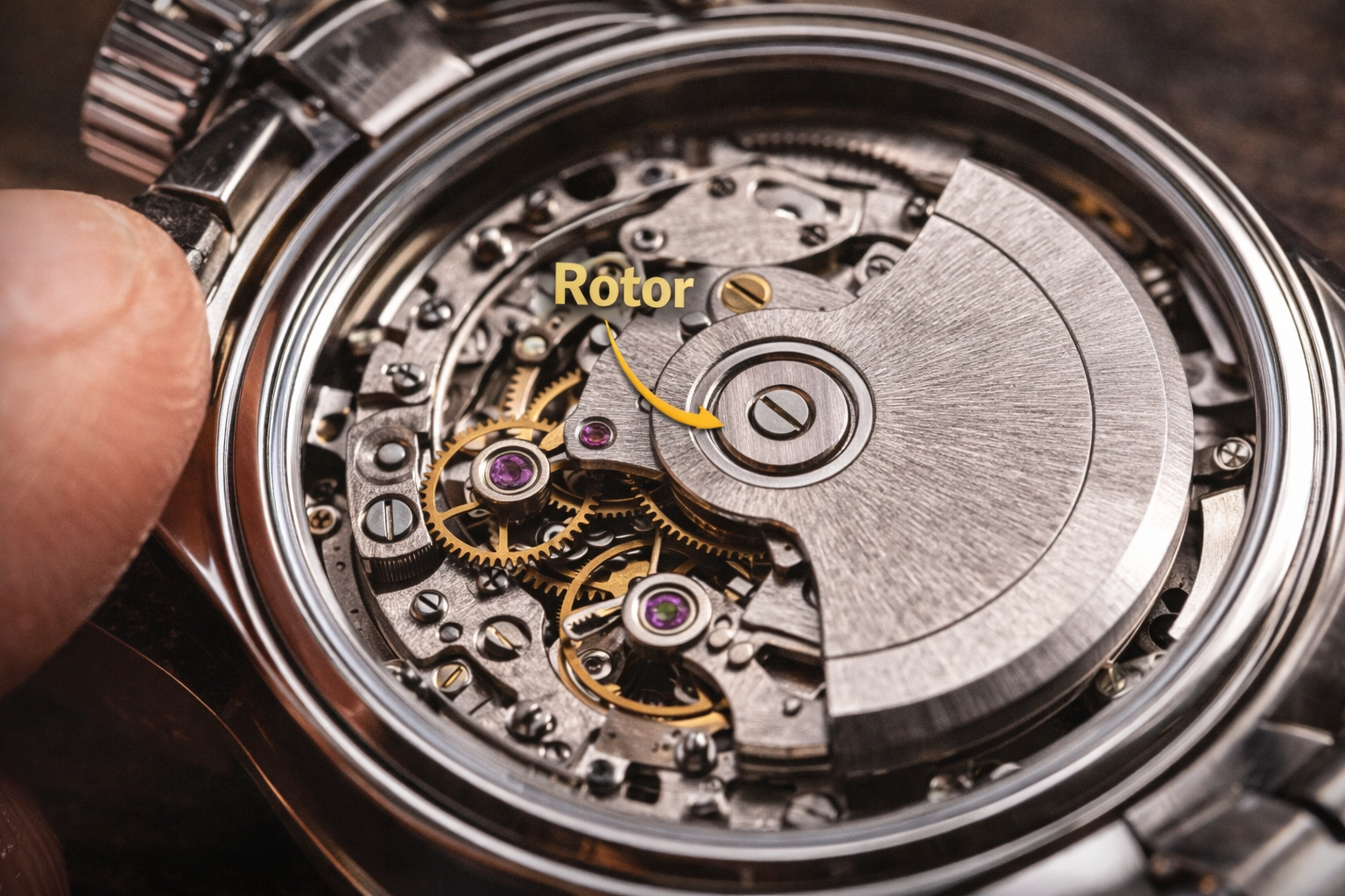 close up of automatic watch rotor and mechanical movement components