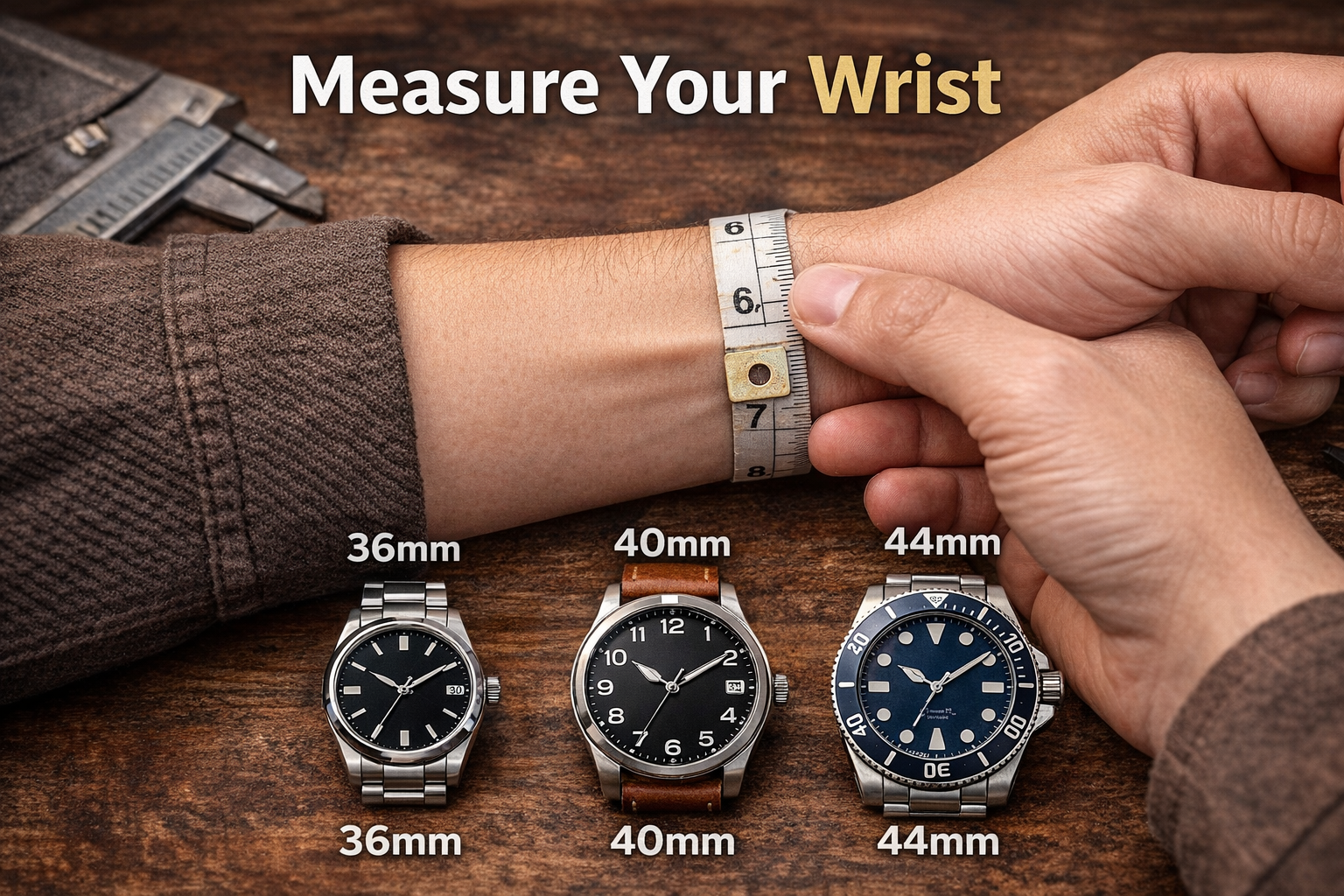 Side-by-side comparison of 36mm, 40mm, and 42mm watch case diameters.