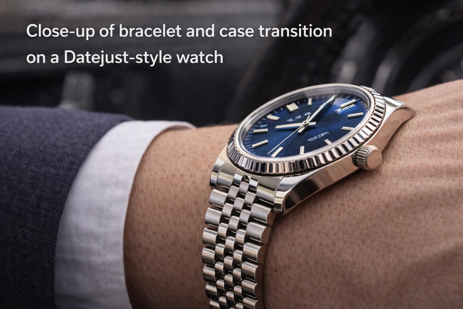 Datejust-style watch bracelet comparison in office commute and coffee break scenarios