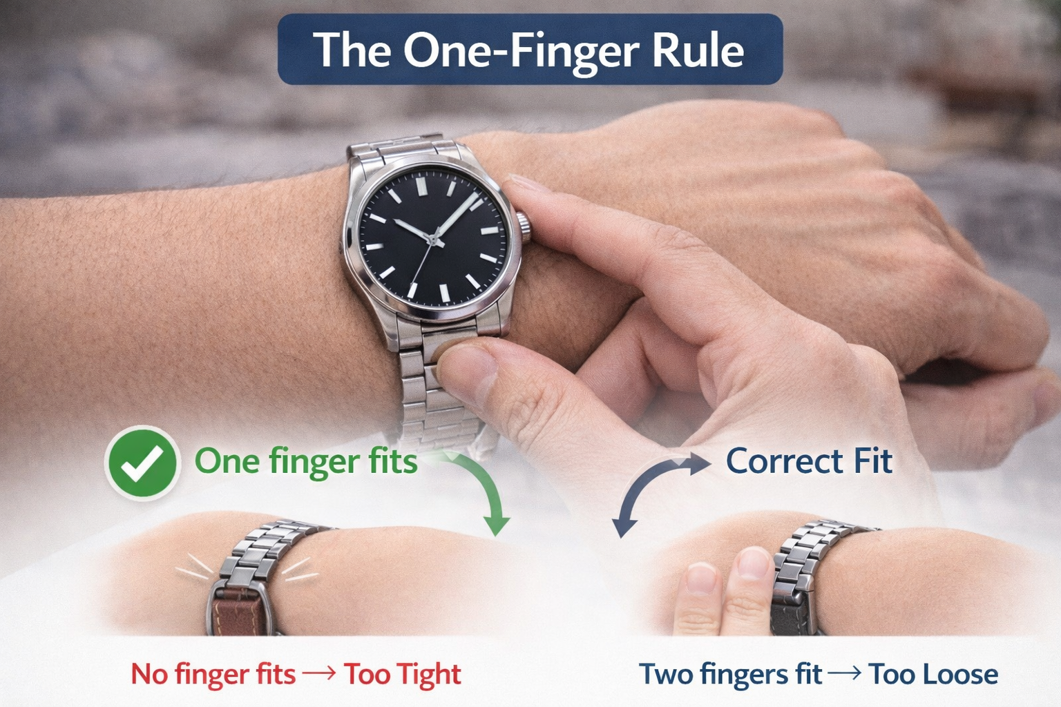 One finger rule demonstration showing correct watch strap fit on wrist