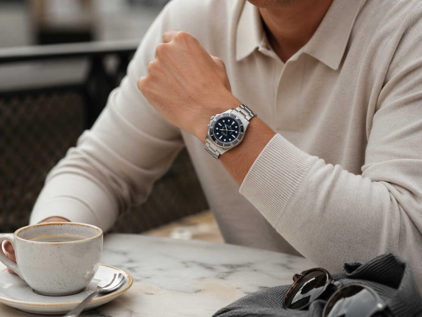 Omega-style replica watch in a relaxed weekend and casual daily wear setting