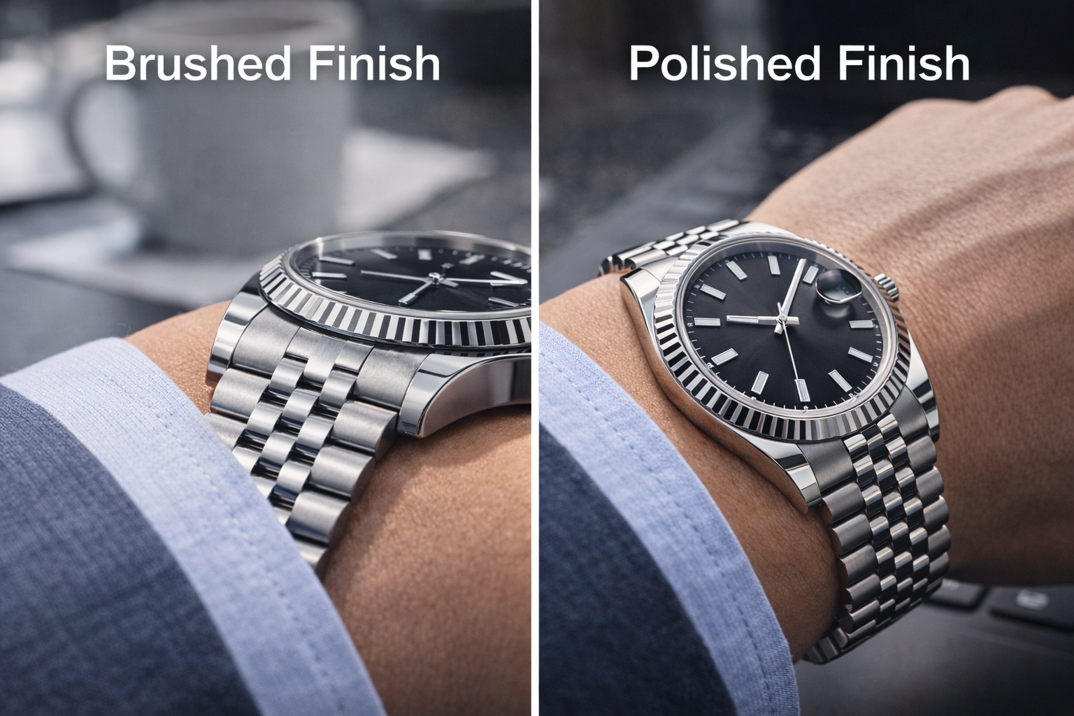 Luxury-style bracelet finishing shown in office and formal wear context to highlight brushed and polished premium details