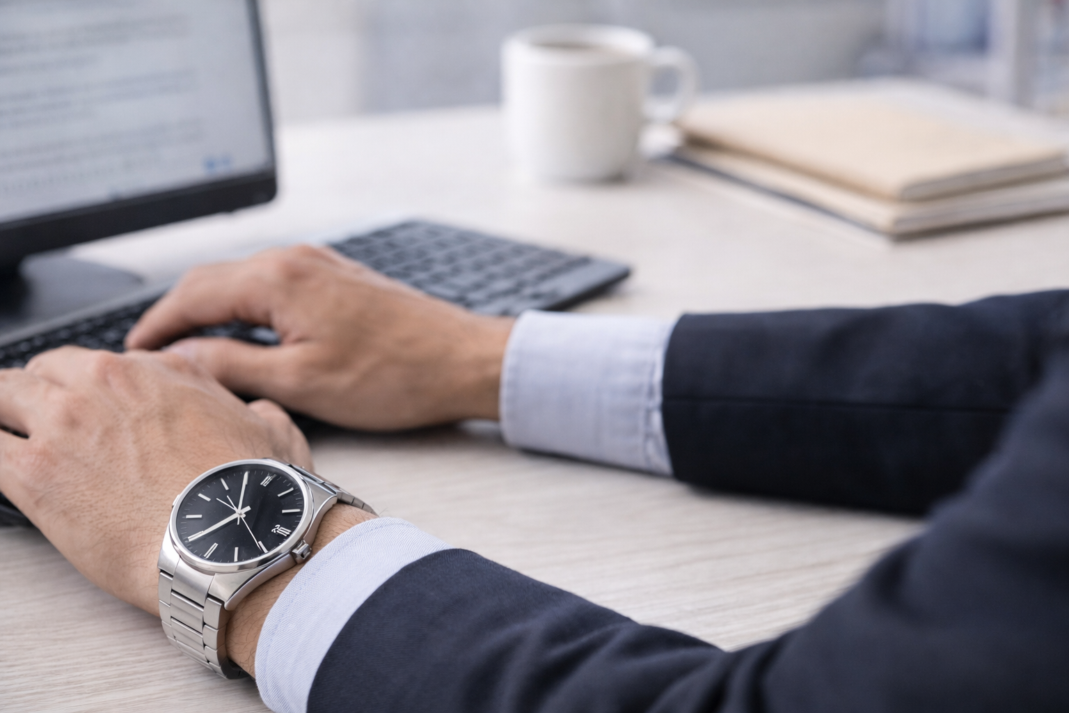Simple stainless steel watch worn in an office setting to show how a clean design works easily in real everyday life