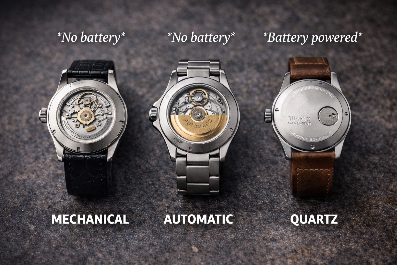 Mechanical automatic and quartz watch movements comparison showing how movement type can affect watch weight