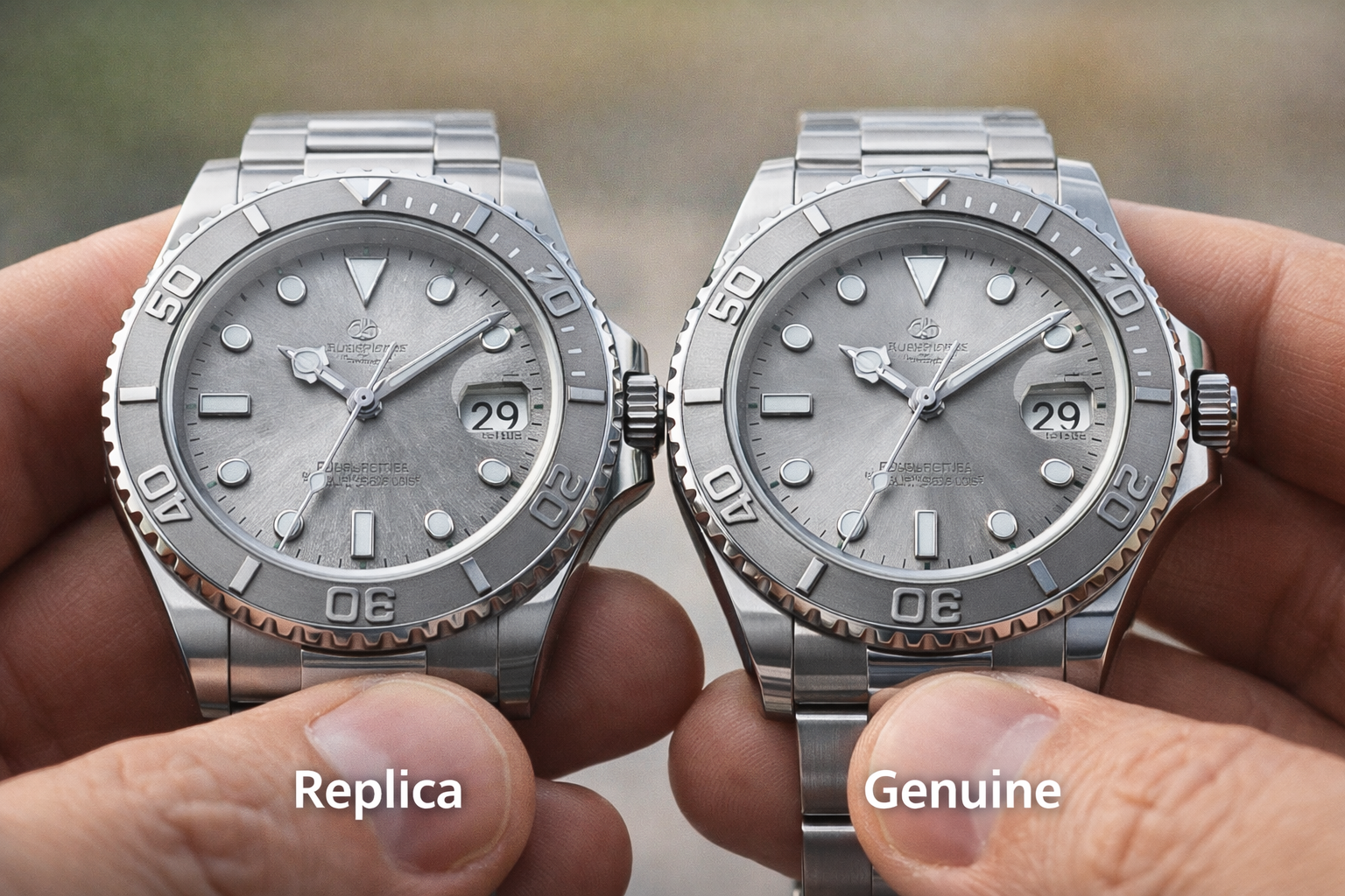 Luxury-style watch dial sharpness and crystal clarity comparison viewed at close social distance