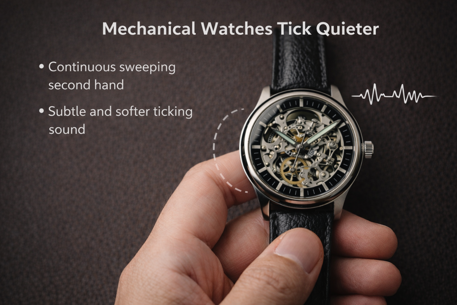 Mechanical watch with smooth sweeping second hand creating quieter ticking sound