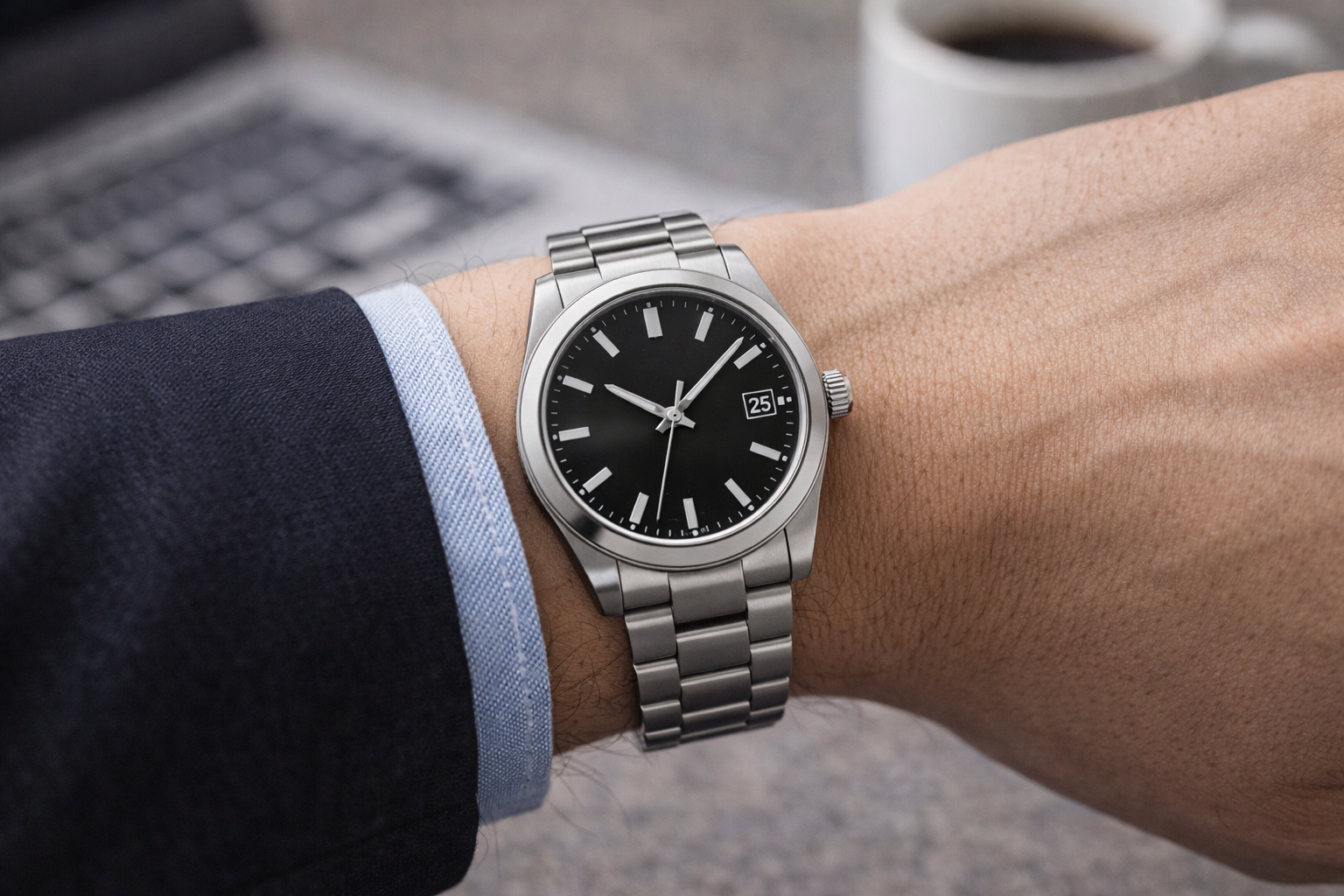 Metal bracelet formal watch worn with a suit, showcasing polished case and elegant design for formal events