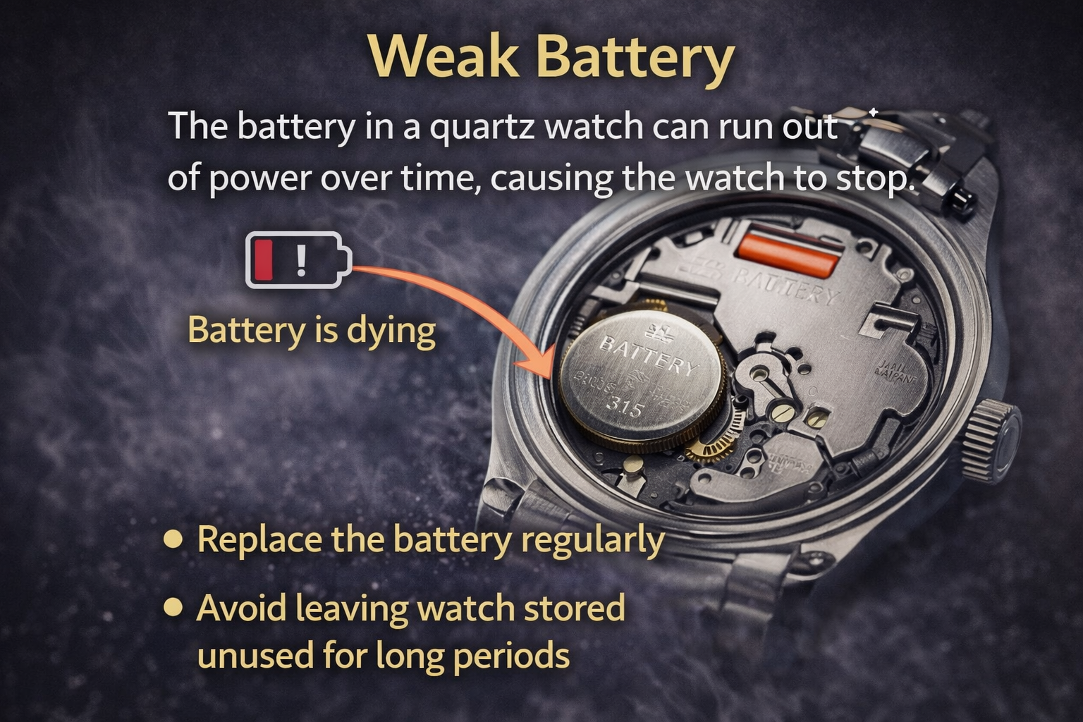 Comparison of quartz and automatic watches showing different reasons why each type may stop