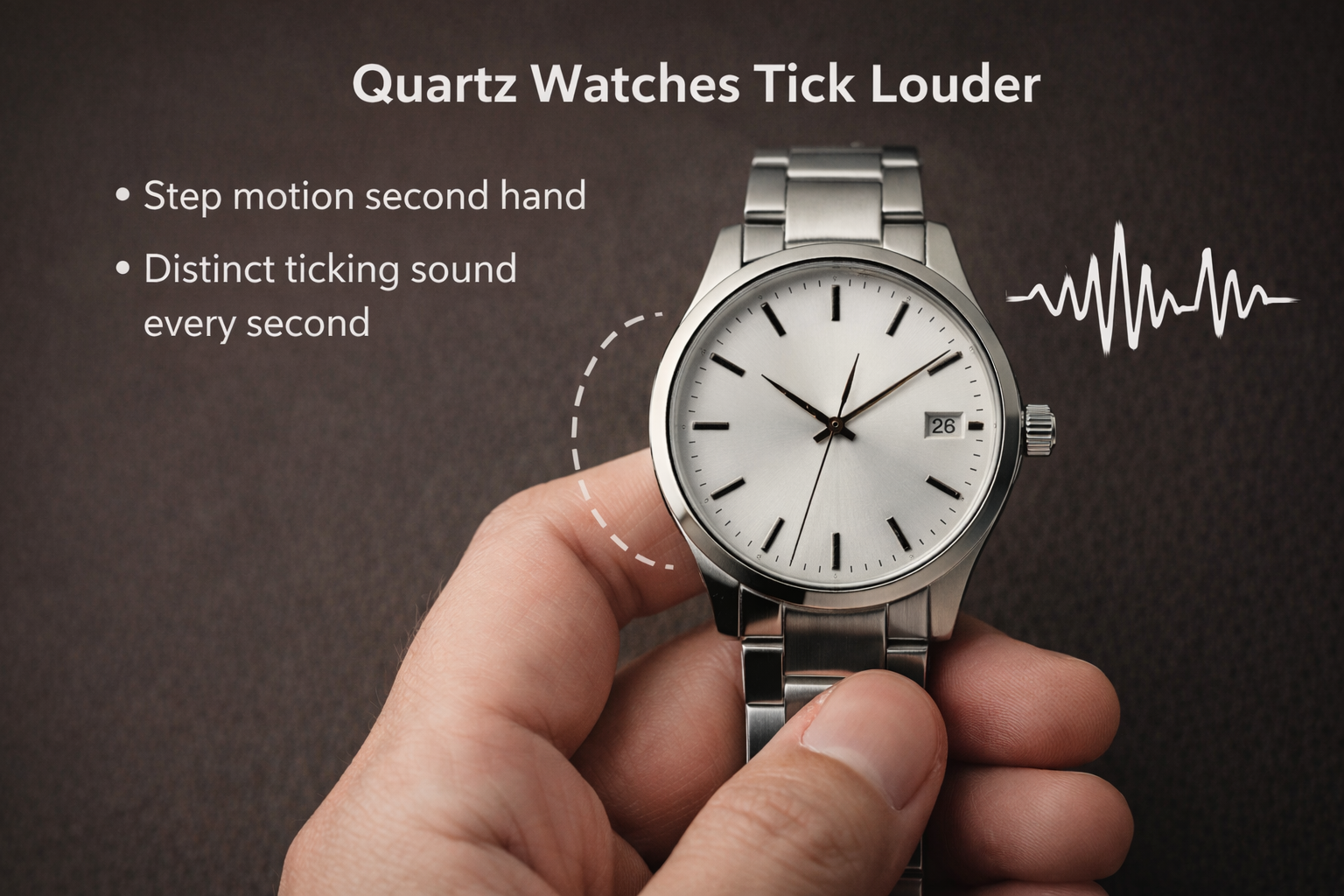 Quartz watch ticking loudly due to step motion second hand movement