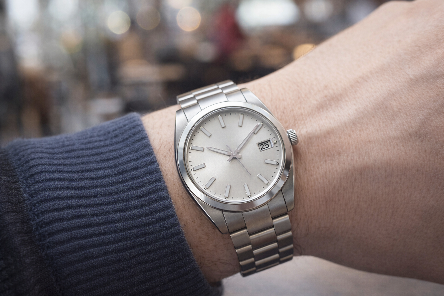 Light dial watch worn on the wrist in natural light showing a brighter and more visually open wrist presence