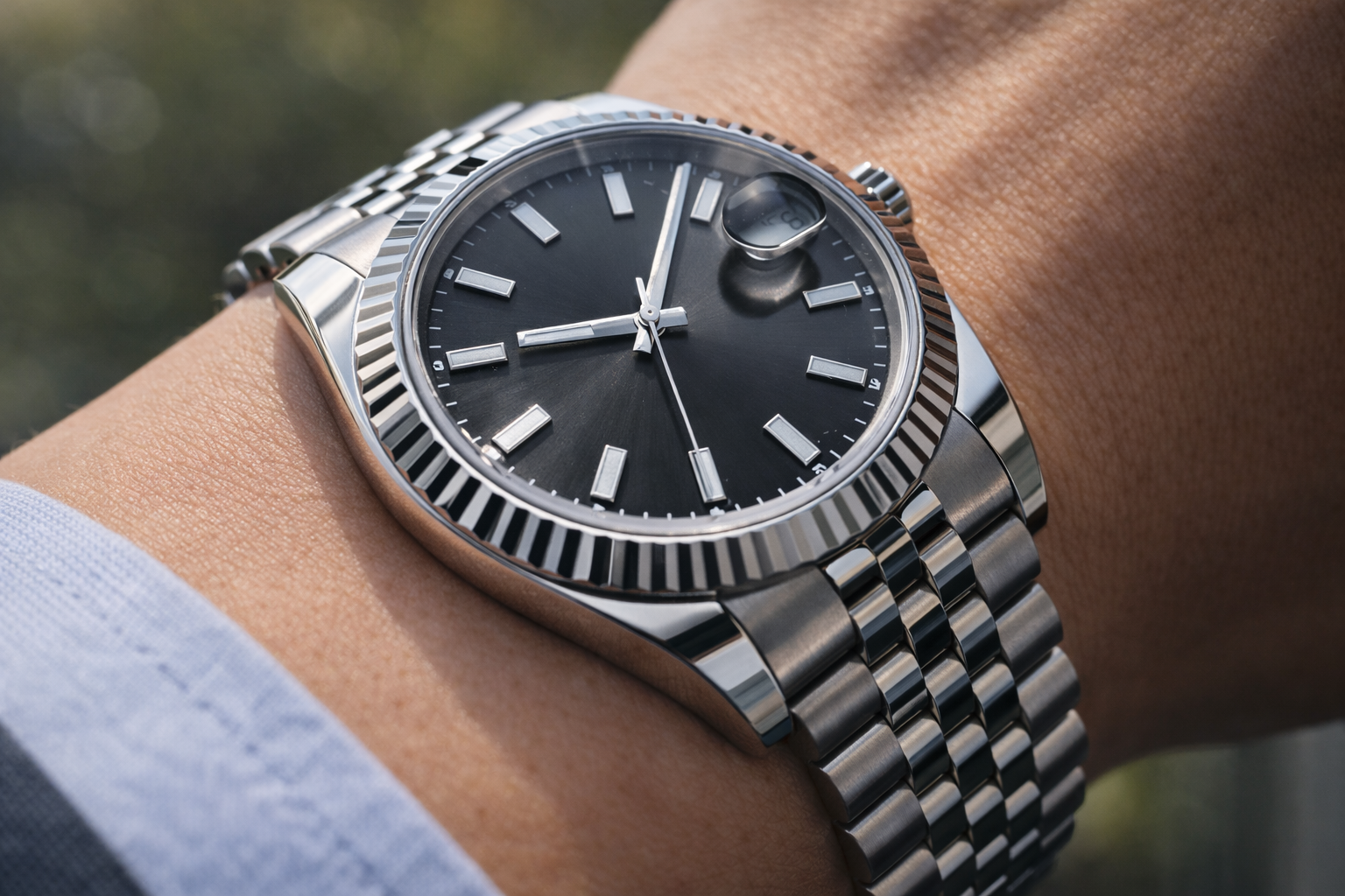 Close-up of a luxury-style watch showing clean proportions and controlled case finishing in daylight