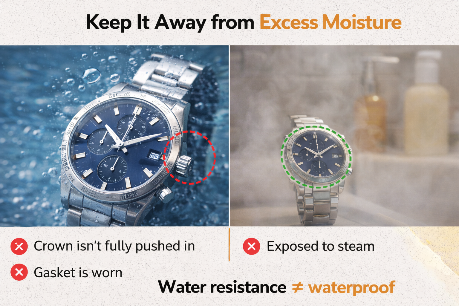 Infographic explaining that water resistance is not waterproof, showing a wristwatch exposed to steam and a crown that is not fully secured.