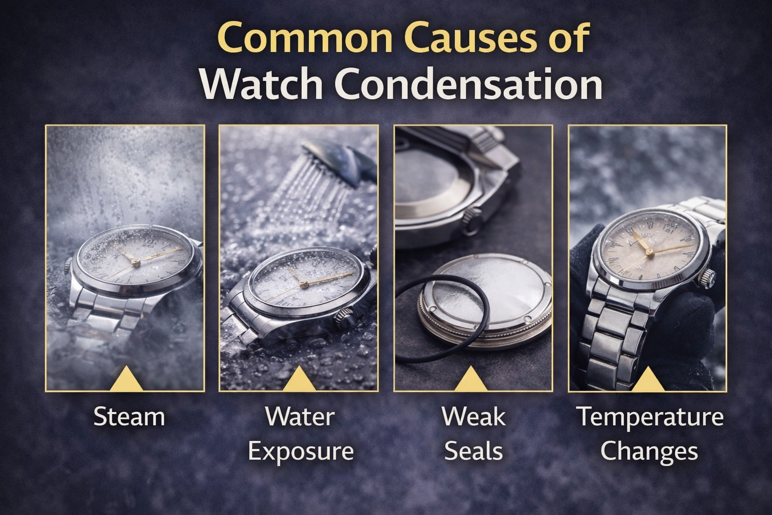 Common causes of fog inside a watch including steam, water exposure, weak seals, and temperature changes