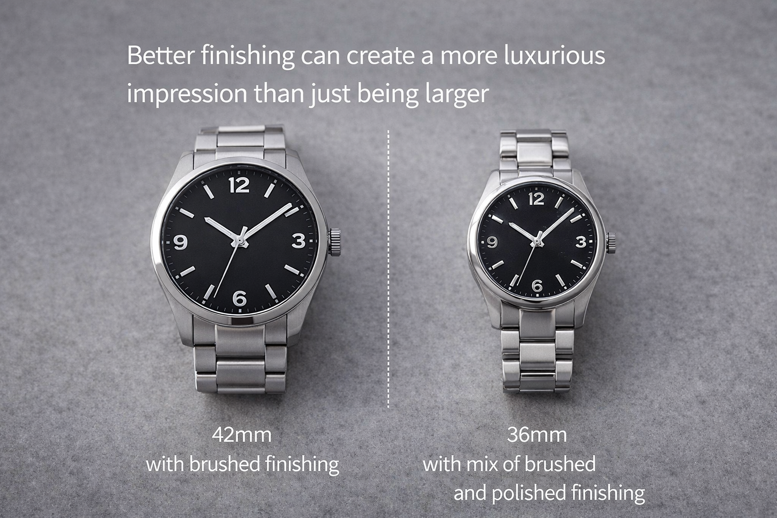 Two watches with different sizes and finishing displayed side by side to compare perceived luxury and visual balance