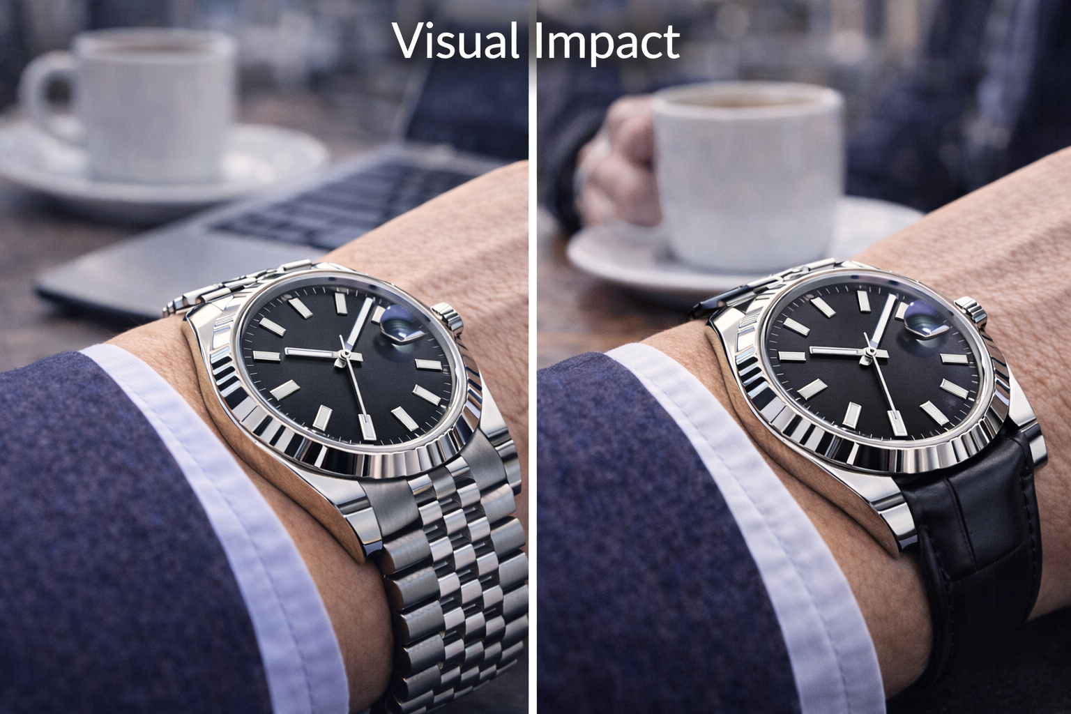 Luxury-style watch on bracelet and strap compared side by side to show differences in first impression and visual impact