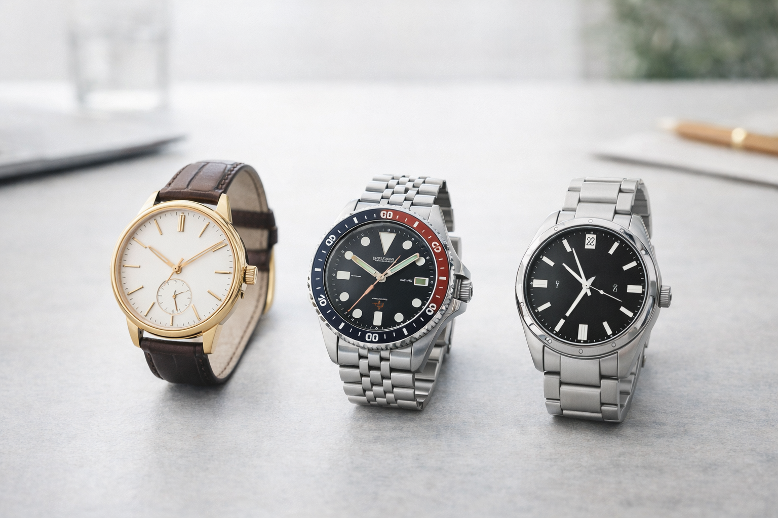 Two or three different wristwatches arranged together to show how a small watch rotation can suit different daily situations