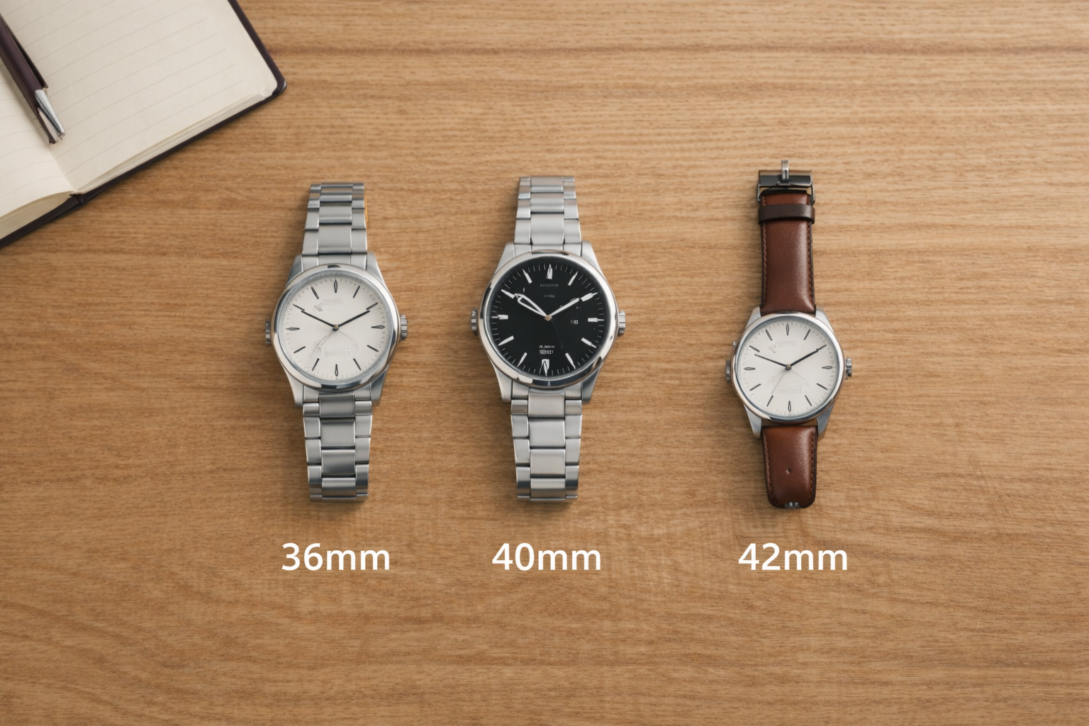 Three wristwatches displayed side by side to compare different watch case sizes for beginners.