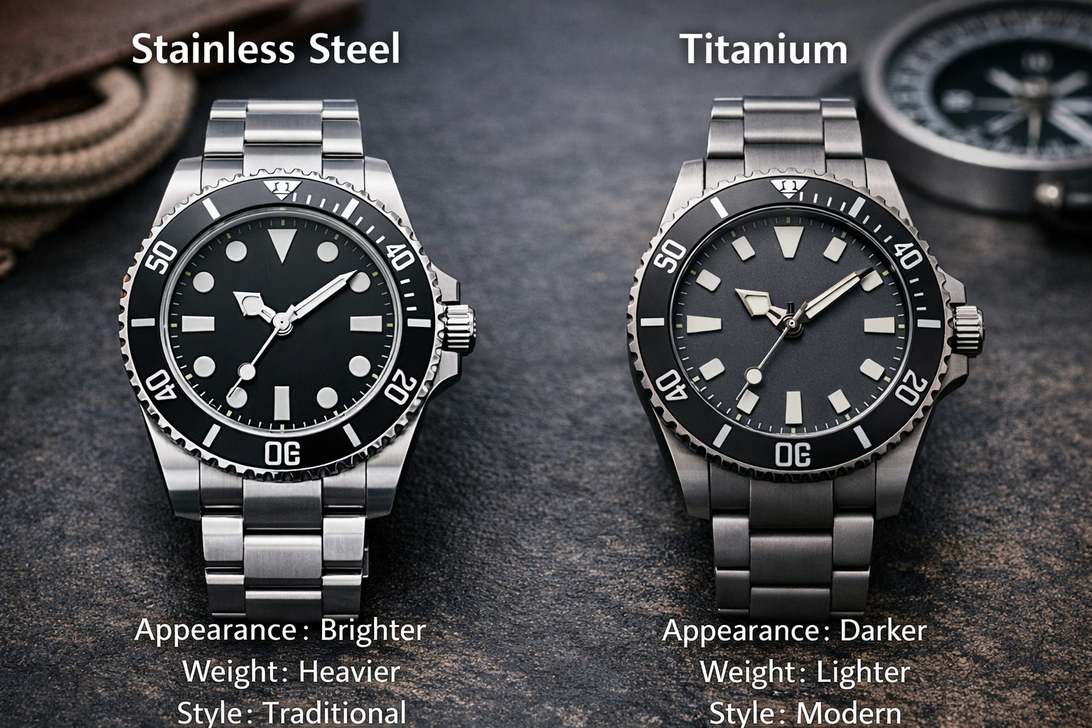 Comparison of stainless steel and titanium watch cases showing differences in appearance, weight, and style