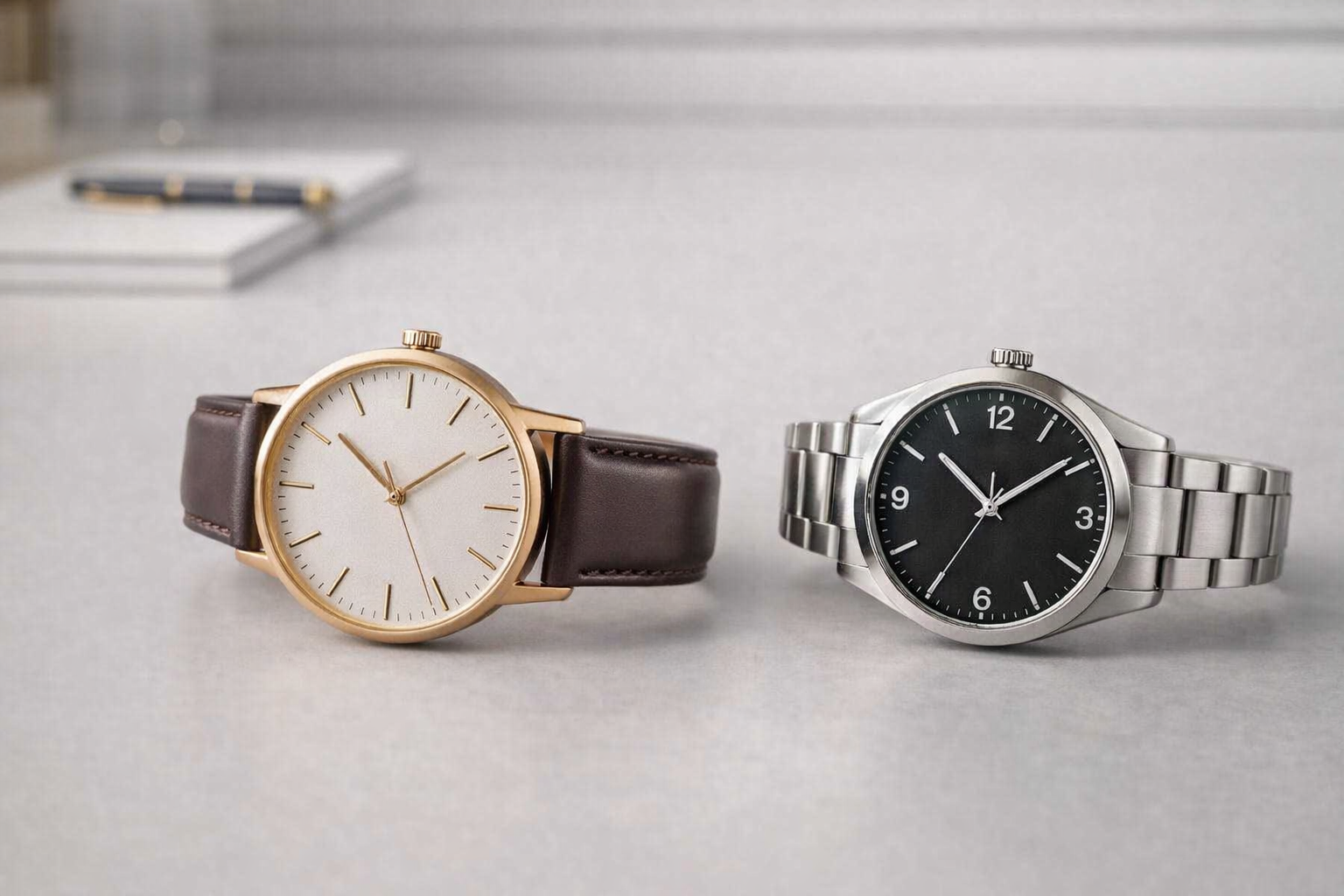 Dress watch and versatile everyday watch displayed side by side to compare formal style and daily practicality