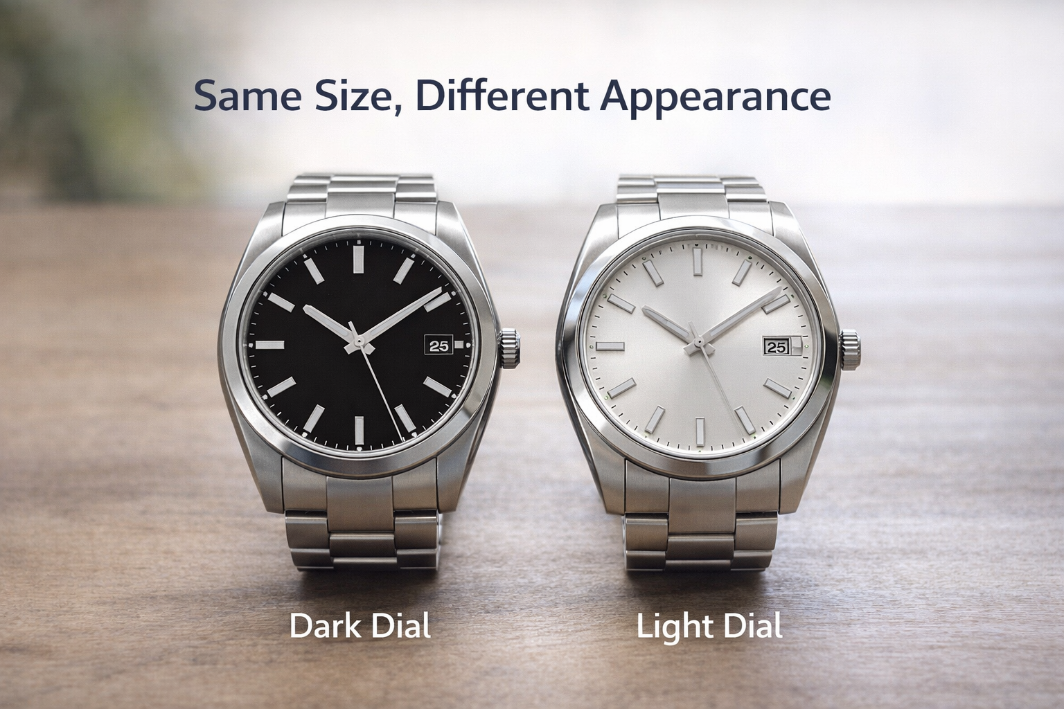 Two similar watches with dark and light dials compared side by side to show how dial color changes perceived size