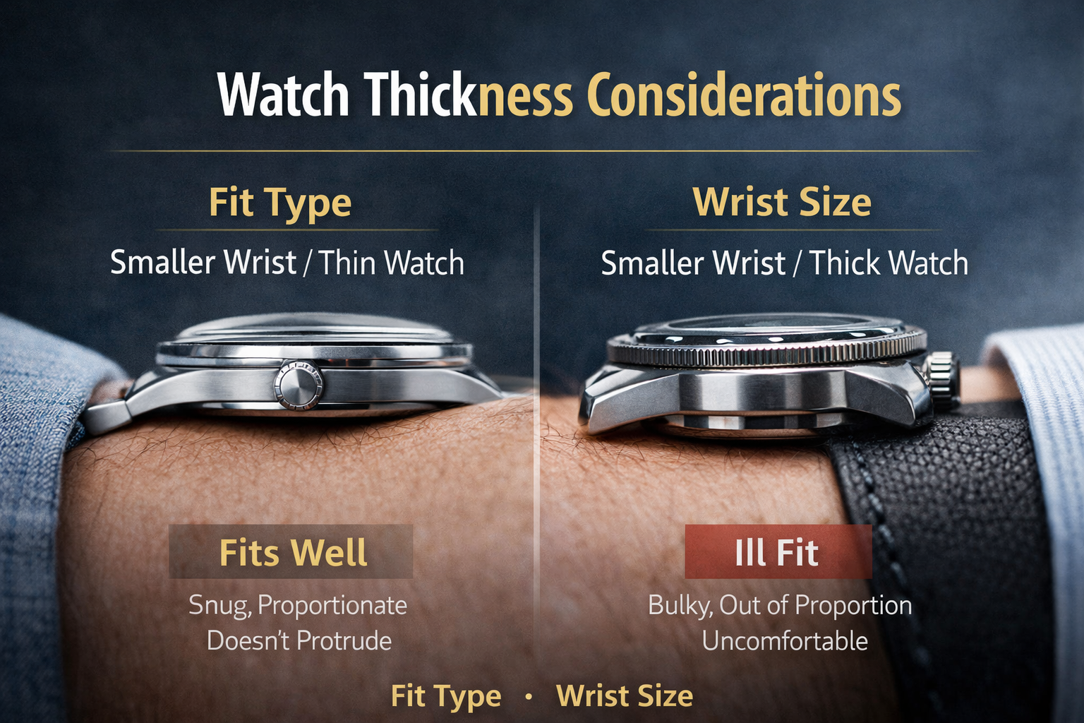 Watch thickness example showing how a thicker case fits under a shirt cuff
