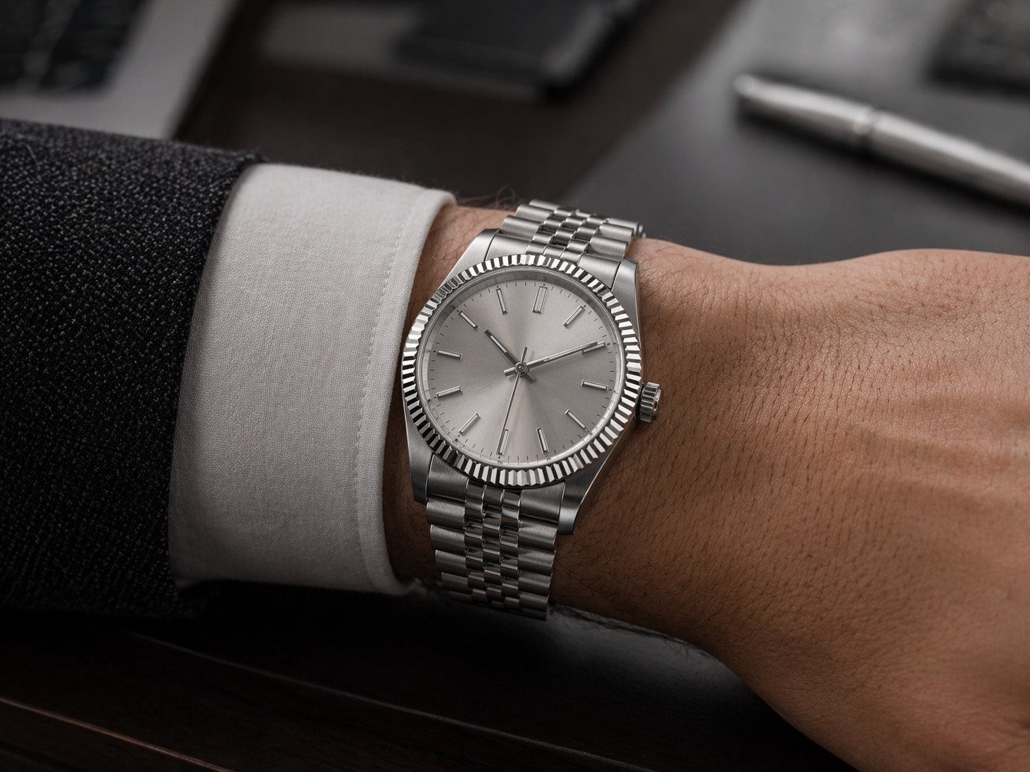 Rolex-style replica watch bezel and dial under office lighting