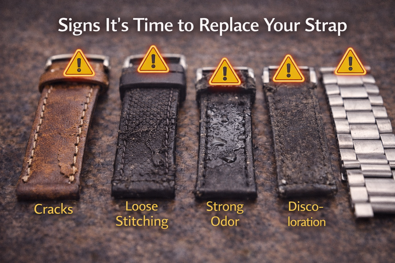 Signs that a watch strap needs replacement including cracks, loose stitching, odor, and discoloration.
