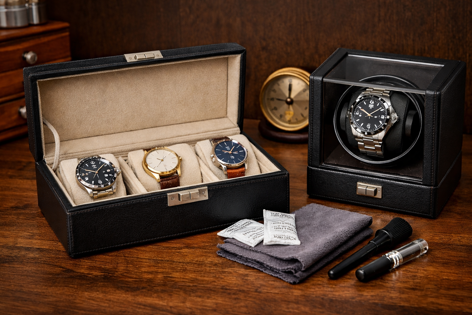 Luxury watch storage box and automatic watch winder setup for proper watch maintenance