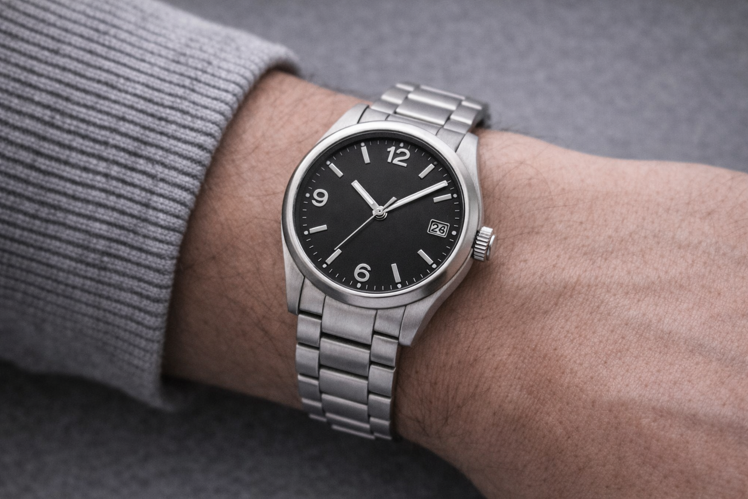 Simple everyday watch worn in a real office setting to show clear readability and easy daily use