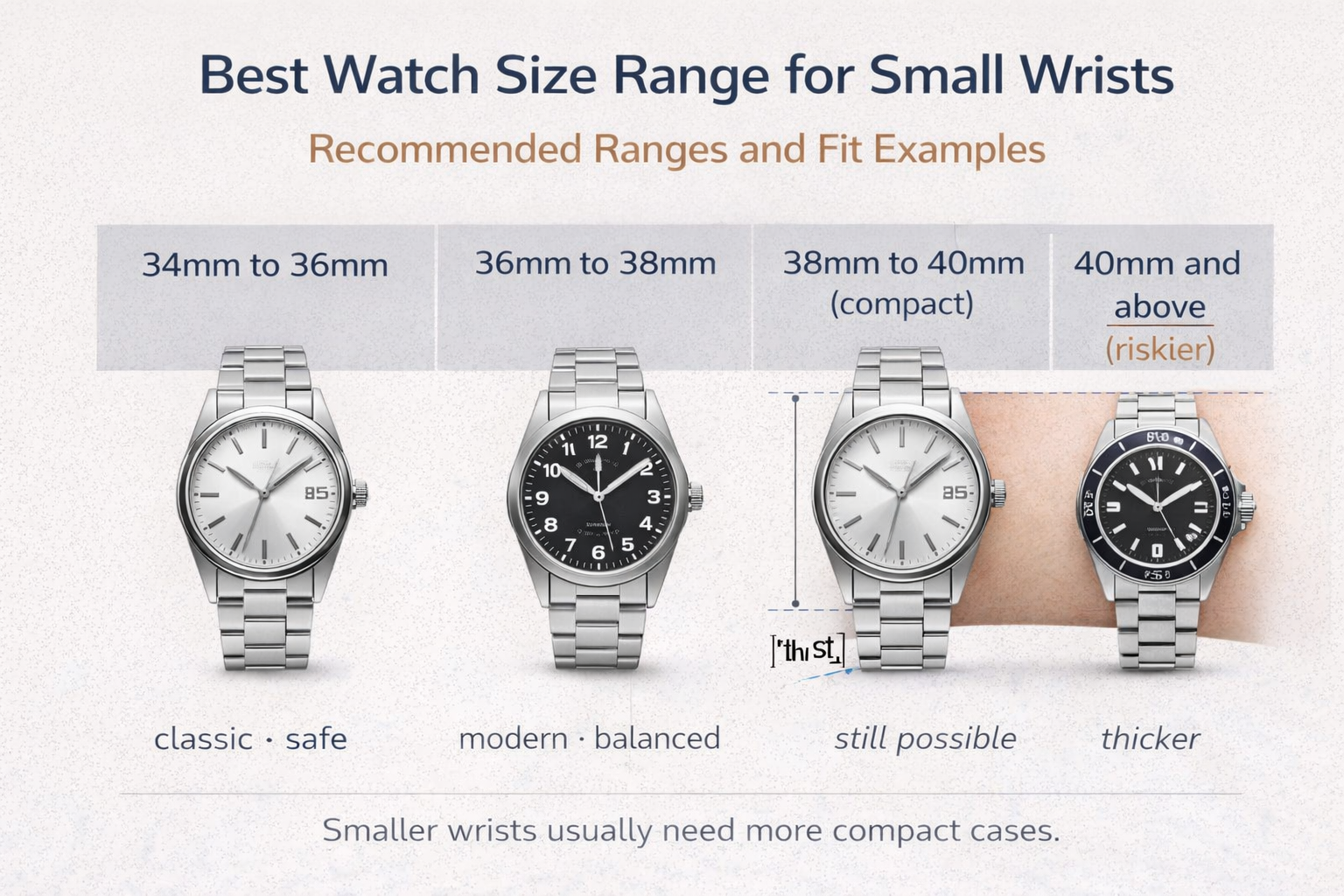 Recommended watch size ranges for small wrists including compact case sizes and balanced fit examples