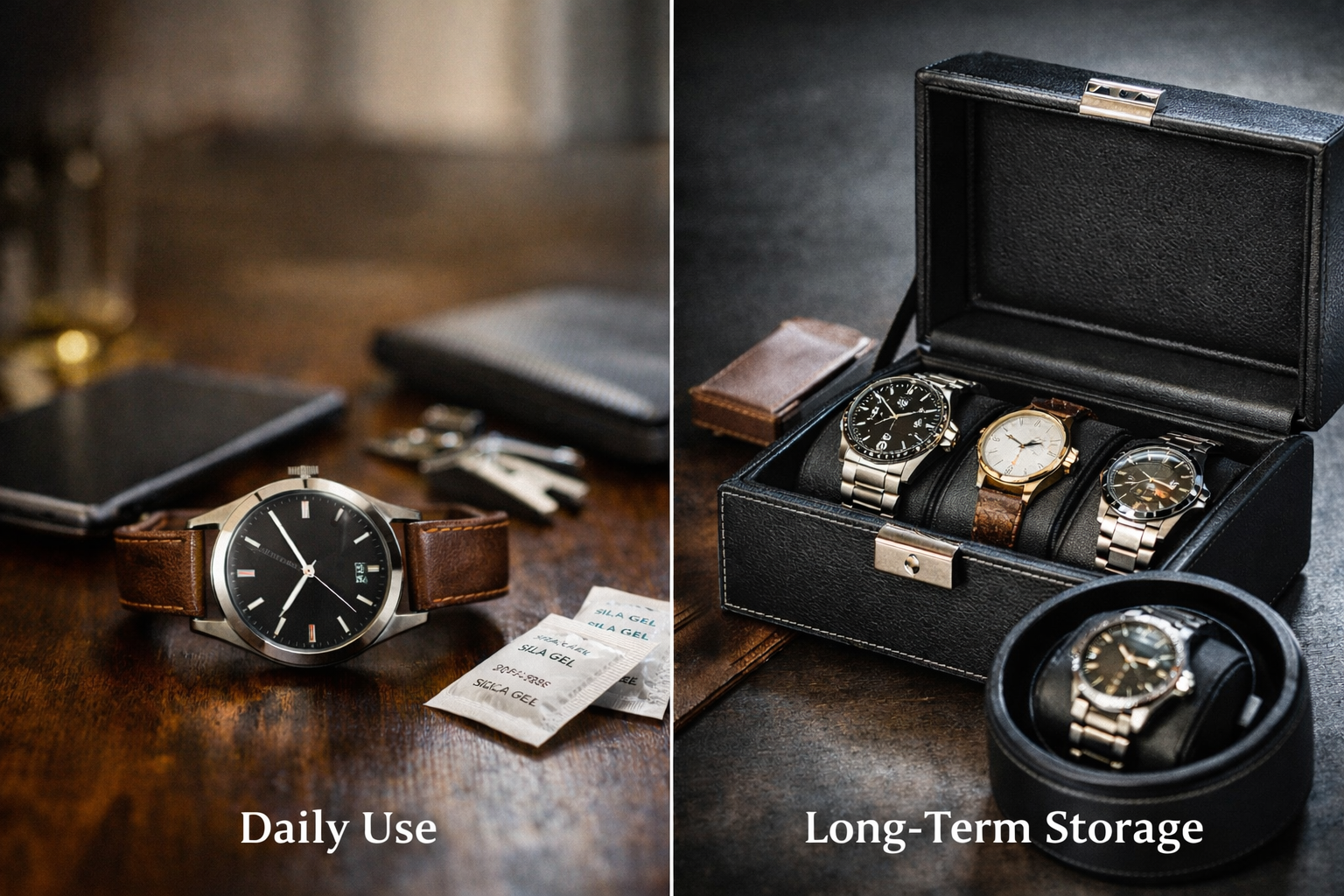 Side-by-side comparison of an automatic watch movement and a quartz watch, illustrating maintenance requirements and internal structure differences.