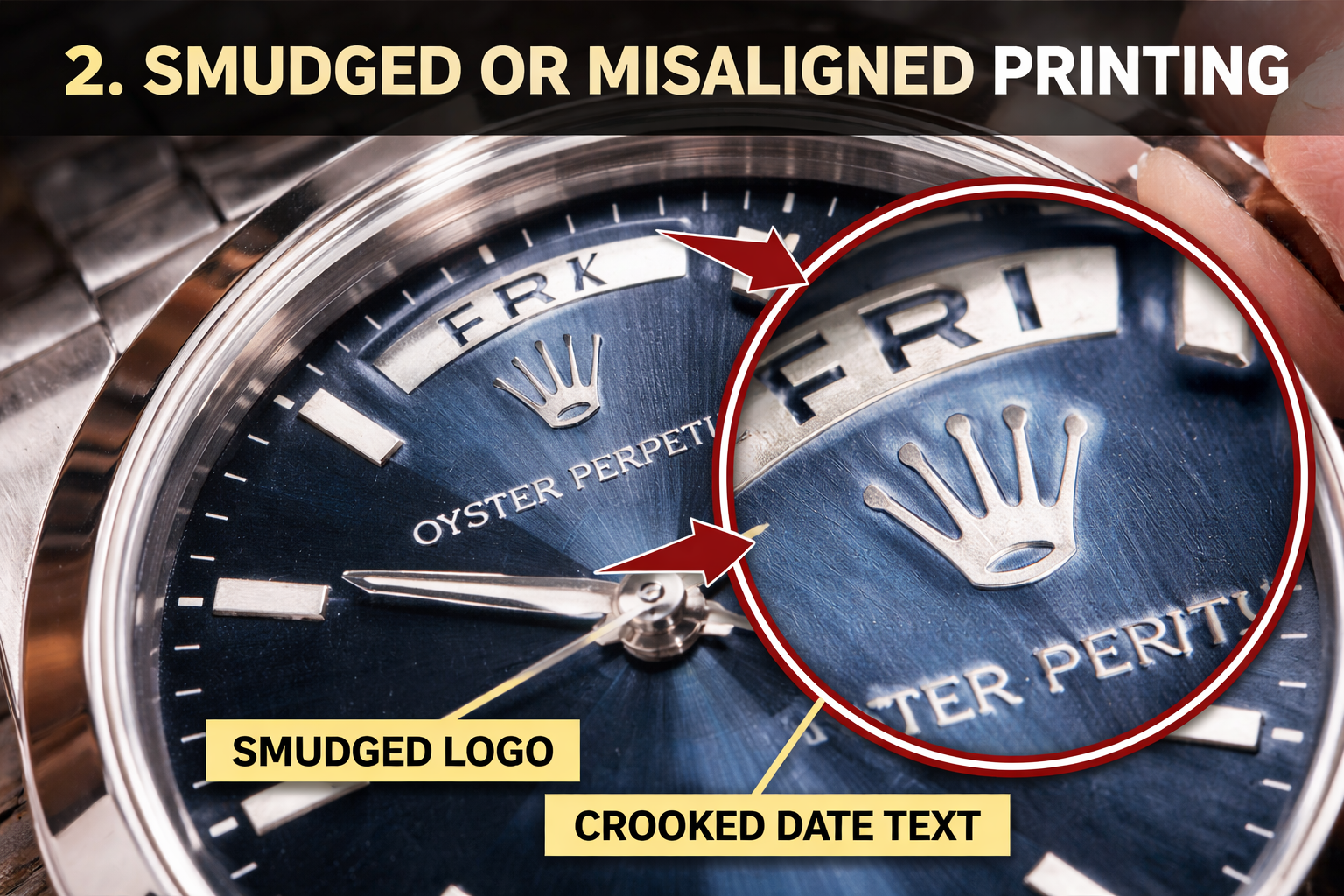 A close-up image of a watch dial showing smudged and misaligned printing, with visible flaws like a crooked date and blurred logo.