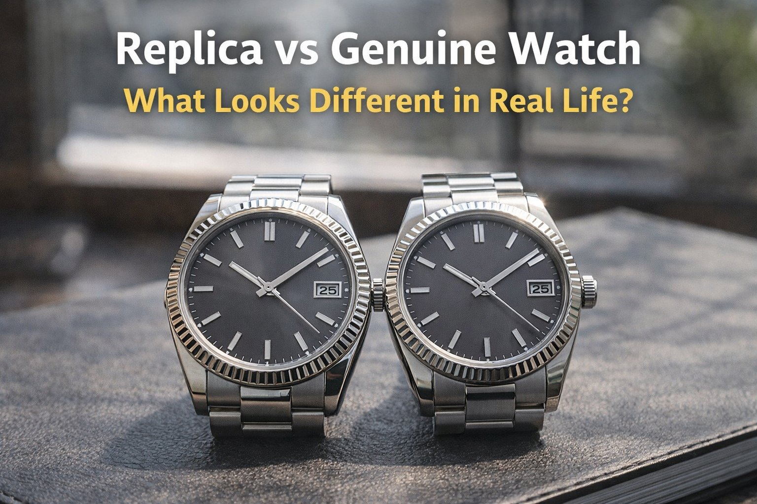 Side-by-side luxury-style watches in natural light showing real-life visual differences in finishing and overall appearance