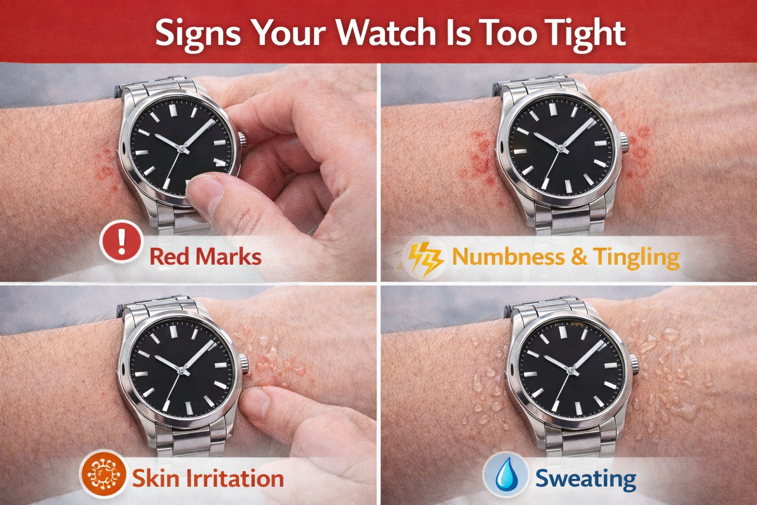 Signs a watch is too tight including red marks numbness skin irritation and sweating