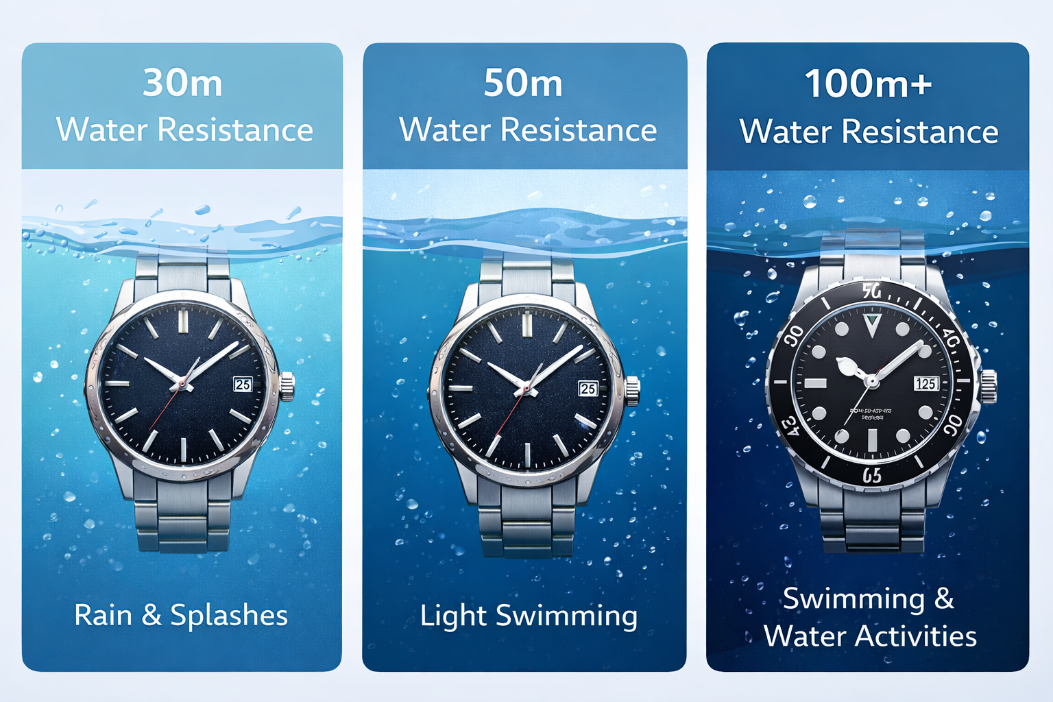 watch water resistance levels explained including 30m 50m and 100m ratings for rain and swimming