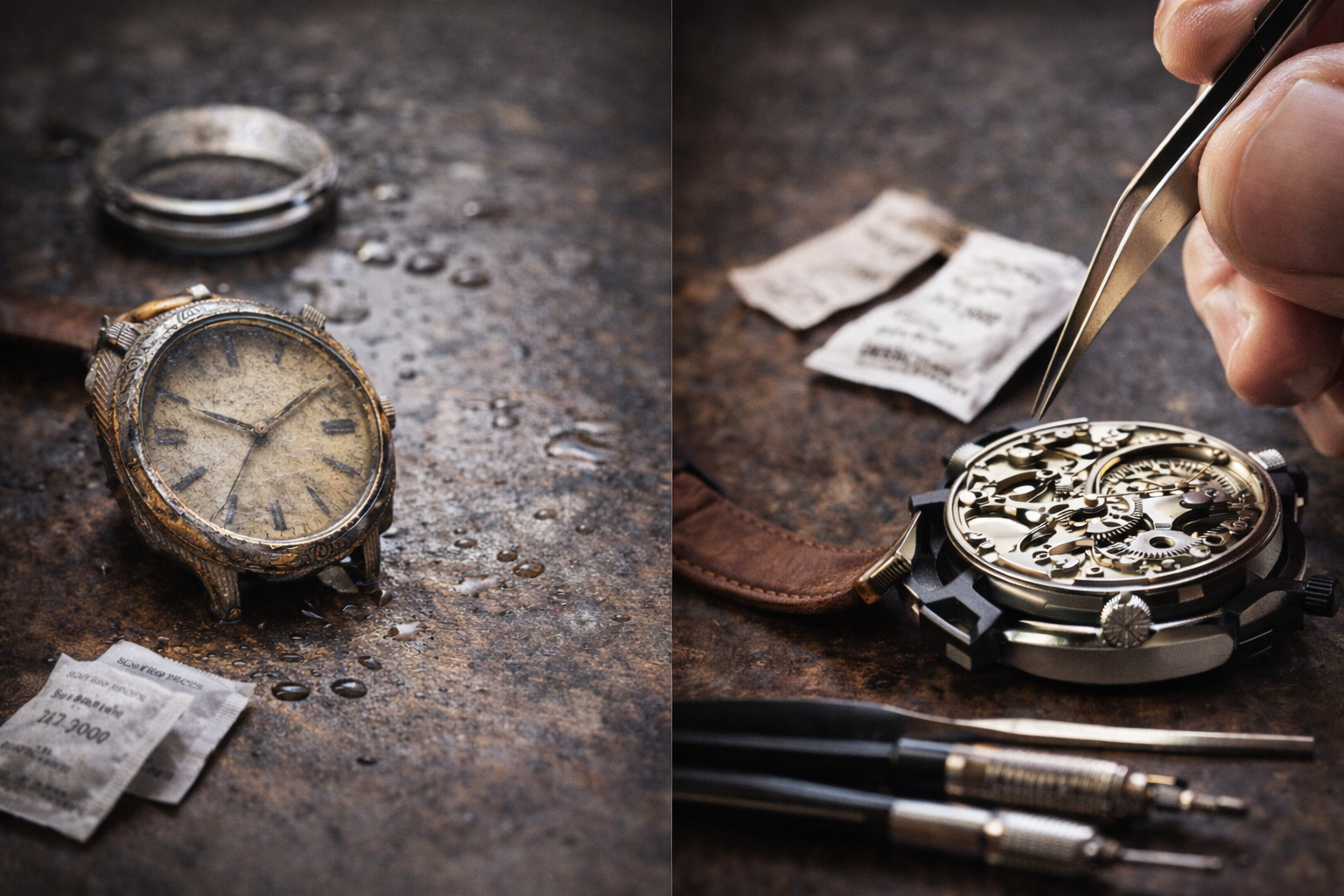 Side-by-side comparison of an automatic watch and a quartz watch, highlighting differences in movement and design.
