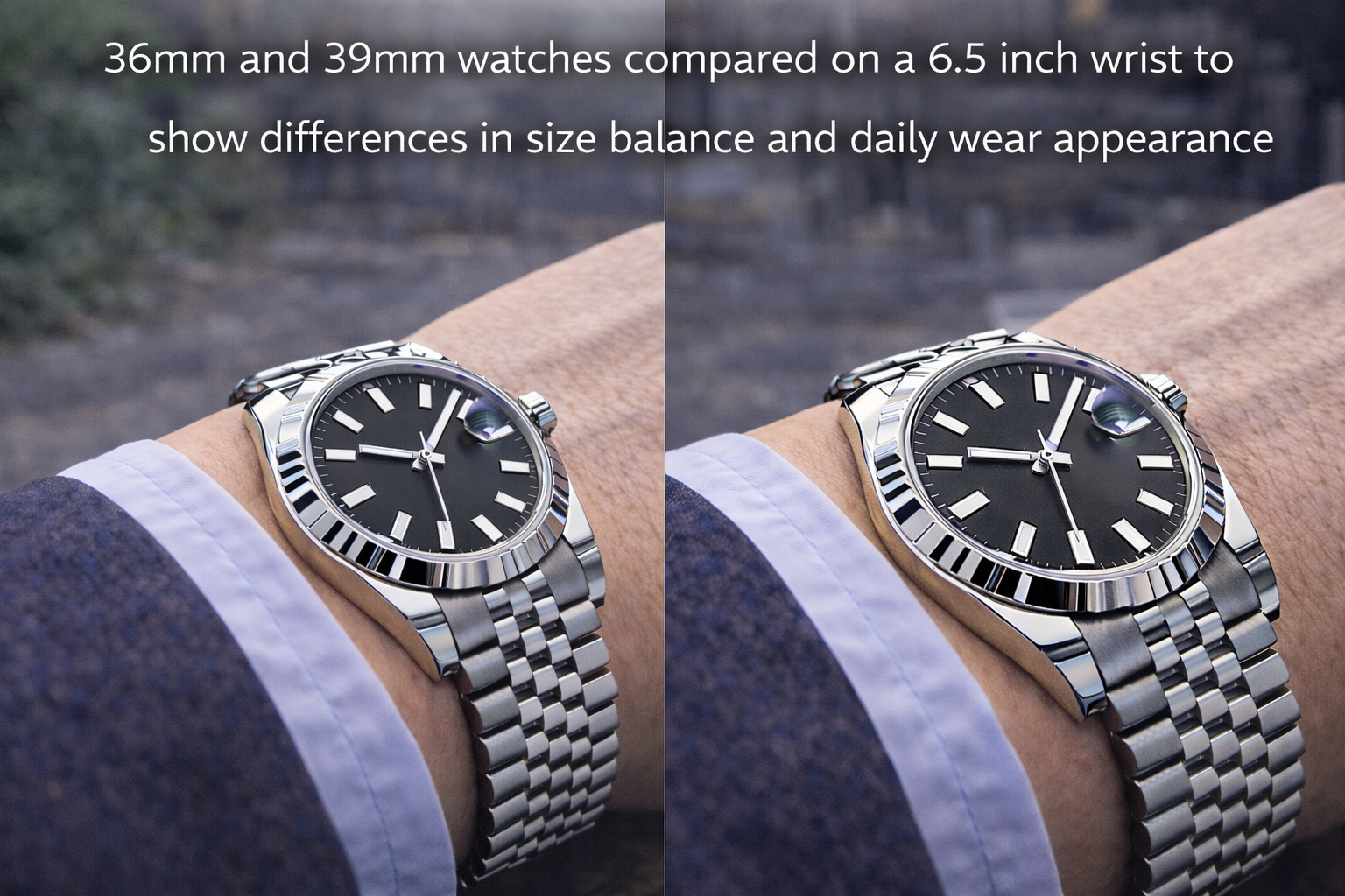 36mm and 39mm watches compared on a 6.5 inch wrist to show differences in size balance and daily wear appearance