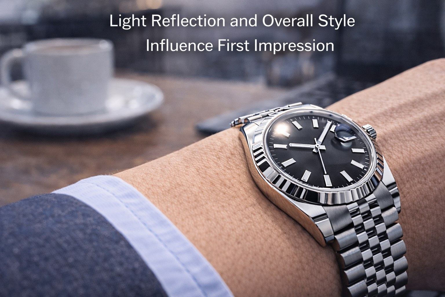 Luxury-style watch in office lighting showing how light reflection and overall style influence first impression