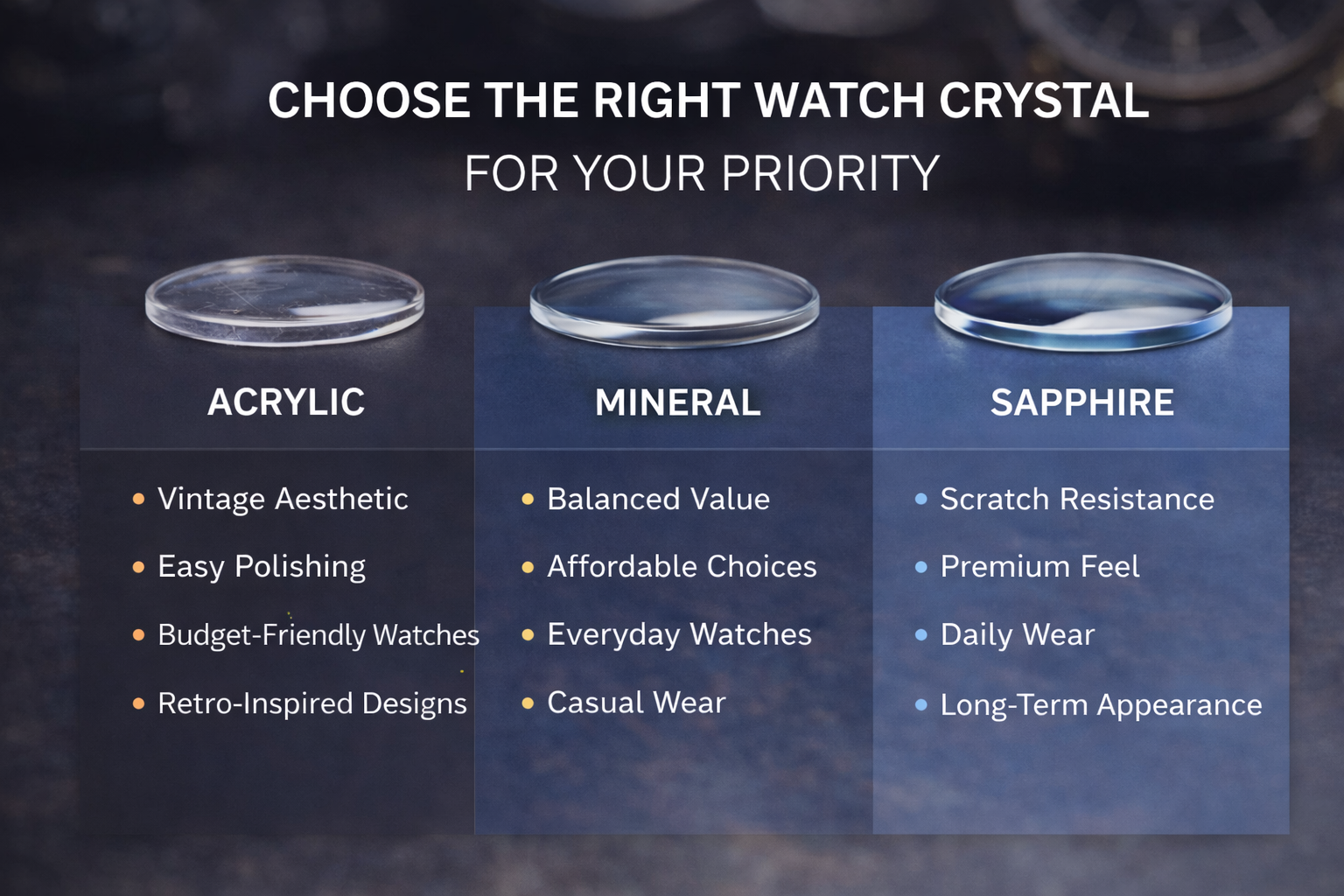 Guide to choosing the right watch crystal based on scratch resistance, budget, durability, and style