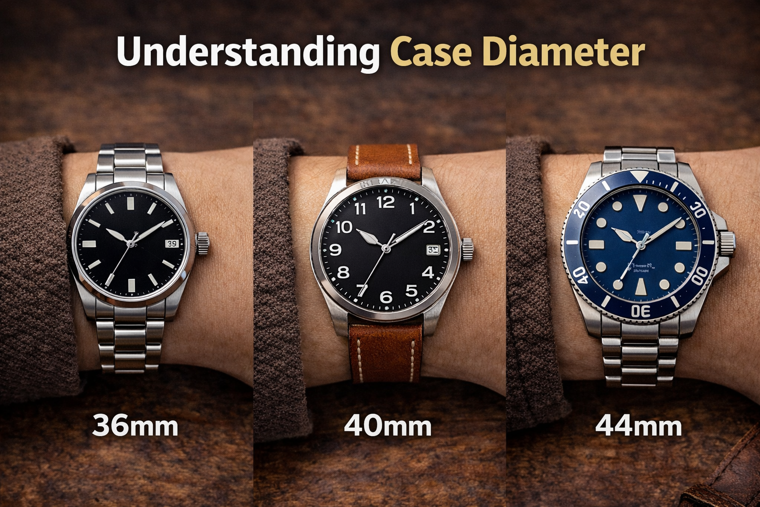 Watches shown on different wrist sizes demonstrating proper and oversized fit.
